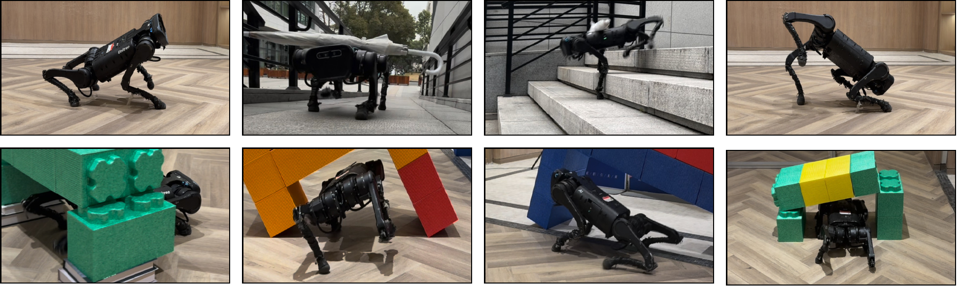 Unitree A1 quadruped robot demonstrating posture-aware locomotion across diverse real-world terrains